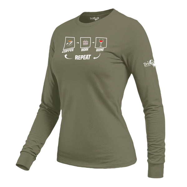 Coffee Work Wine Repeat Ladies Long Sleeve Shirt